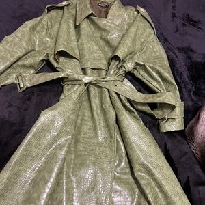 Nasty Gal Olive Green Croc-Embossed Faux Leather Trench Coat